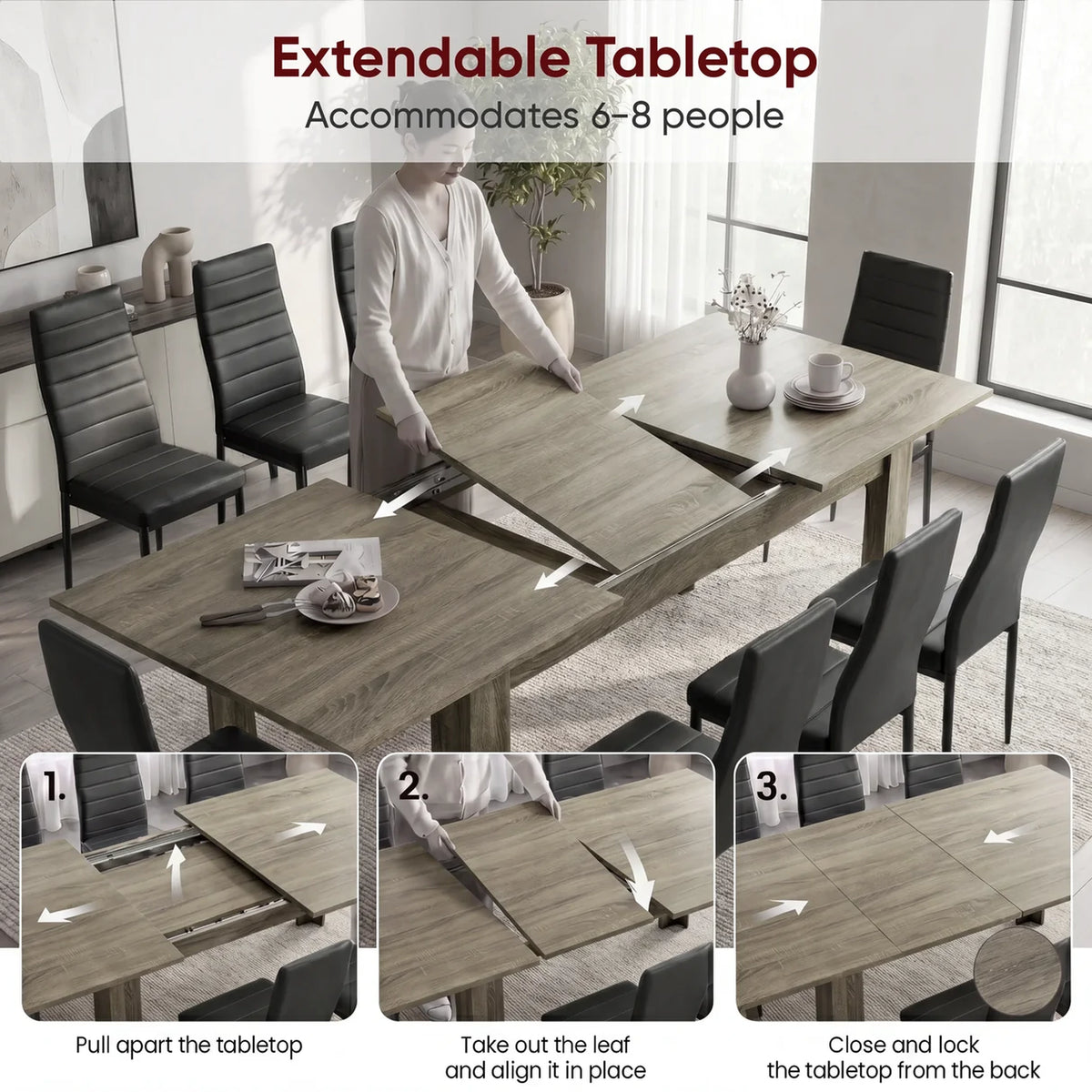 [8 Seater | Black] Milo extension guide showing tabletop opening, centre leaf placement, and lock-close steps