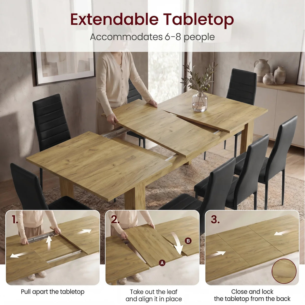 [Oak] Infographic demonstrating the three-step extension mechanism of the Milo Oak Effect Extendable Dining Table 170-220cm.