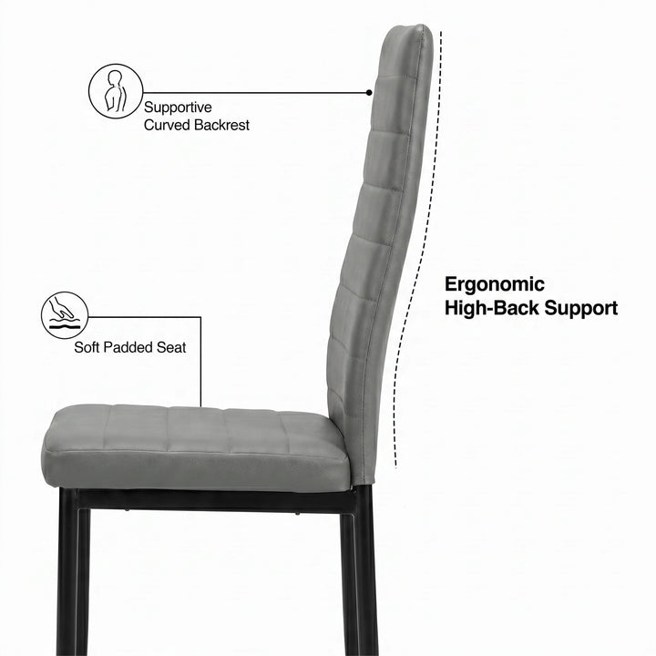 [6 Seater | Grey] Milo chair side profile showing curved high-back support, padded seat, and slim iron legs