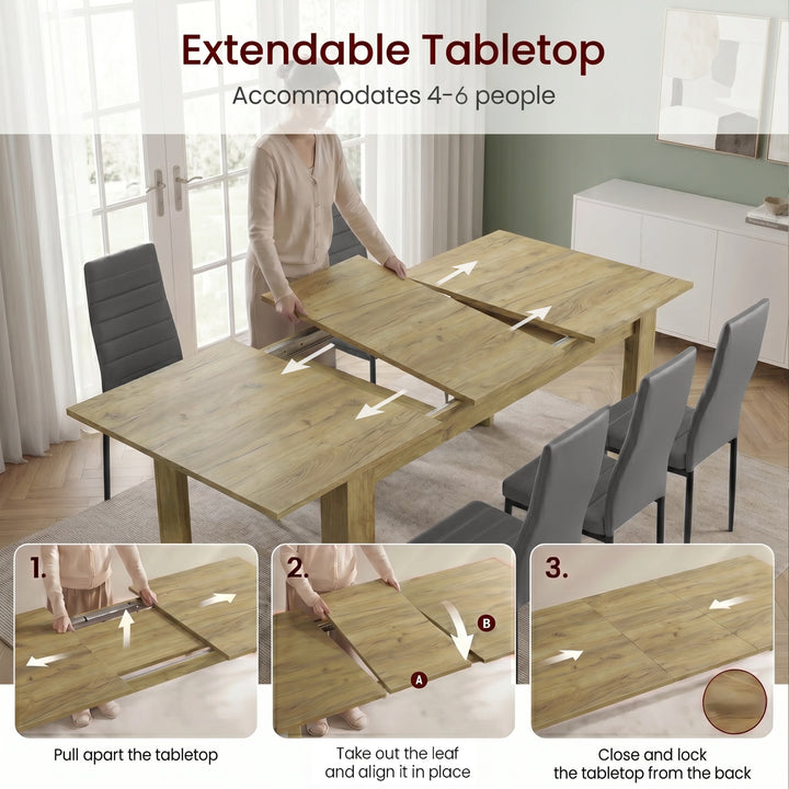 [6 Seater | Grey] Milo extension guide showing tabletop opening, centre leaf placement, and lock-close steps