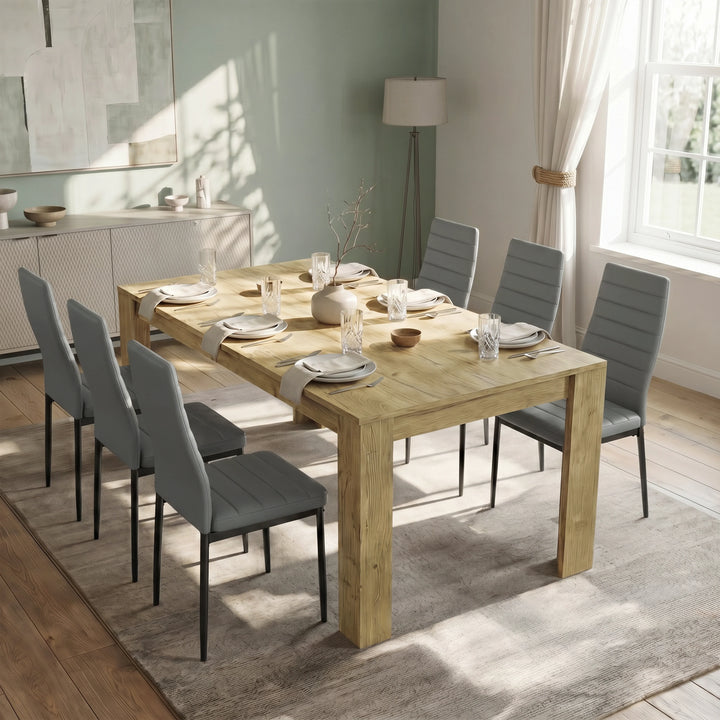 [6 Seater | Grey] Milo oak-effect dining table set at regular 170cm size with 6 high-back chairs