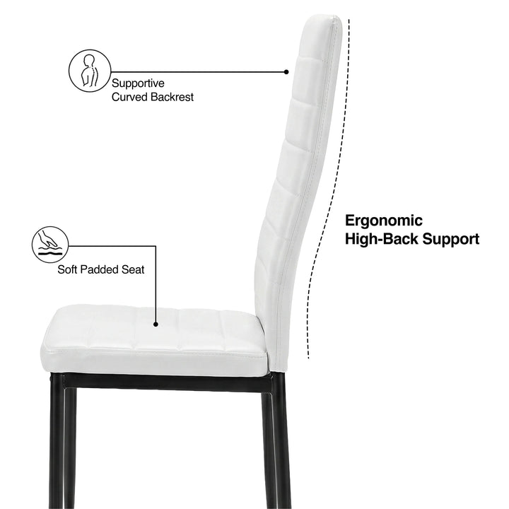 [6 Seater | White] Milo chair side profile showing curved high-back support, padded seat, and slim iron legs