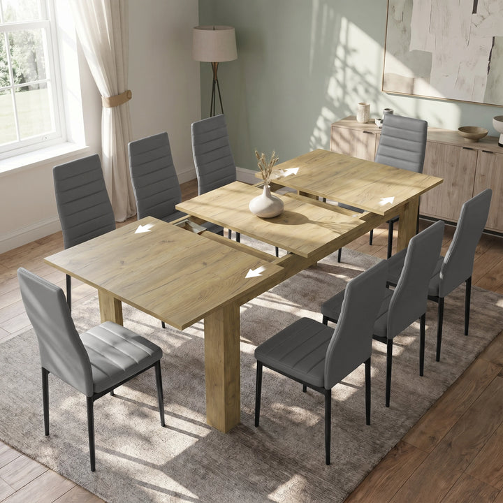 [8 Seater | Grey] Milo oak-effect table open to show centre leaf and sliding rails