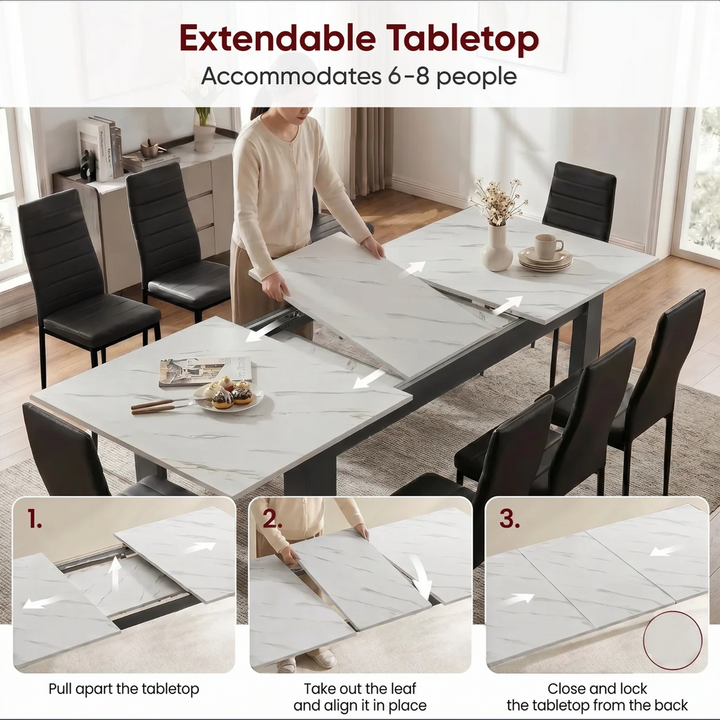 [White Marble] Infographic demonstrating the three-step extension mechanism of the Milo White Marble Effect Extendable Dining Table 170-220cm.