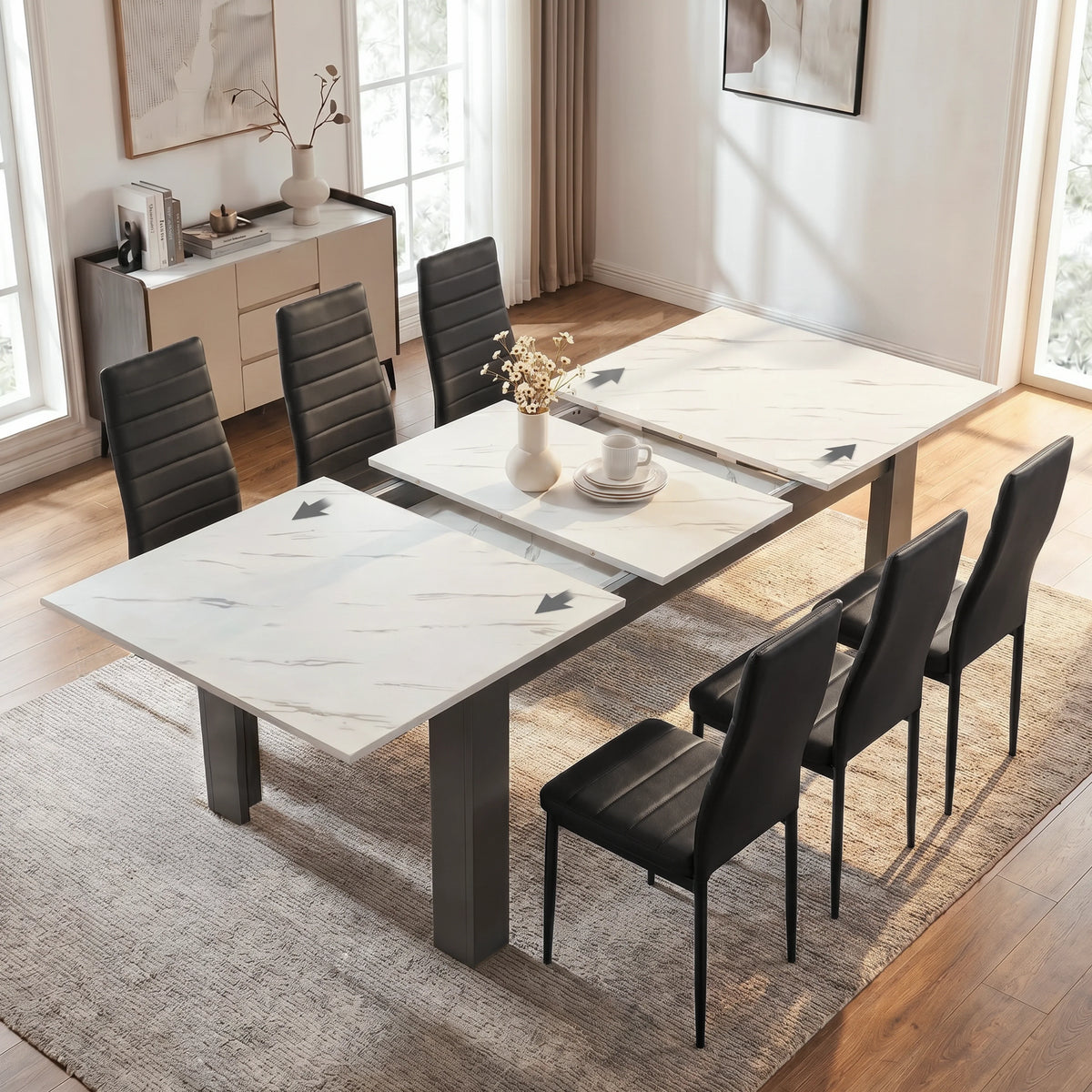 [6 Seater | Black] Milo white marble-effect table open to show centre leaf and sliding rails