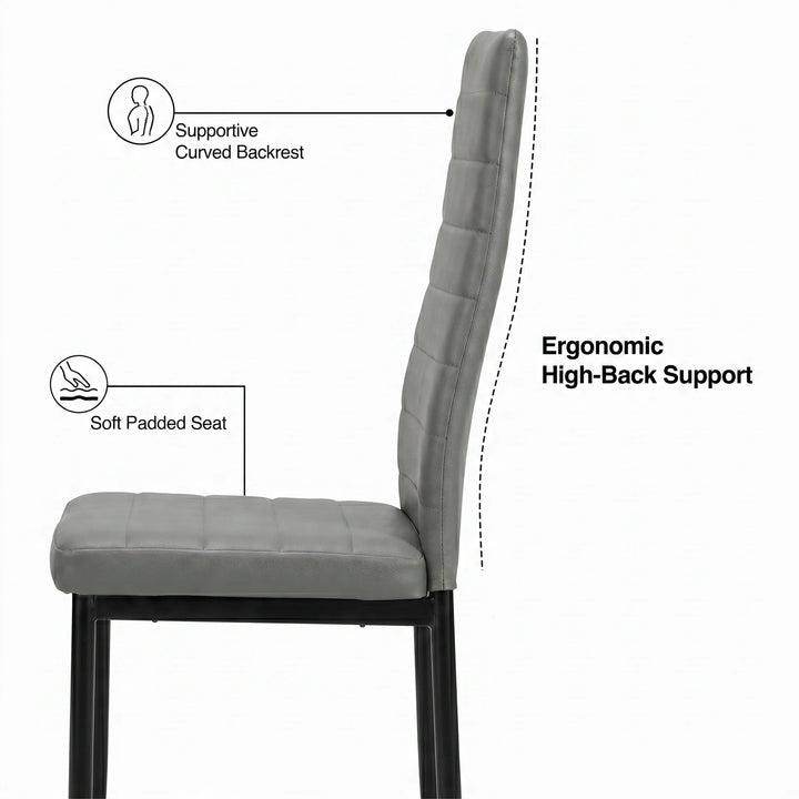 [6 Seater | Grey] Milo chair side profile showing curved high-back support, padded seat, and slim iron legs