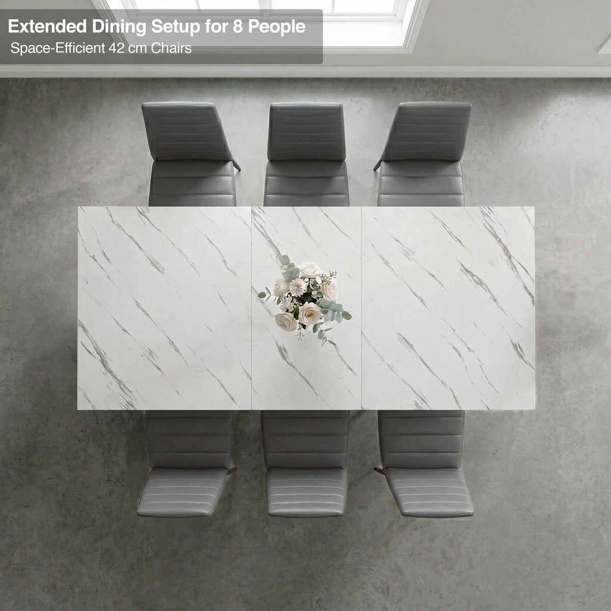 [6 Seater | Grey] Milo extendable dining table extended for 8-place setup, overhead view with high-back chairs