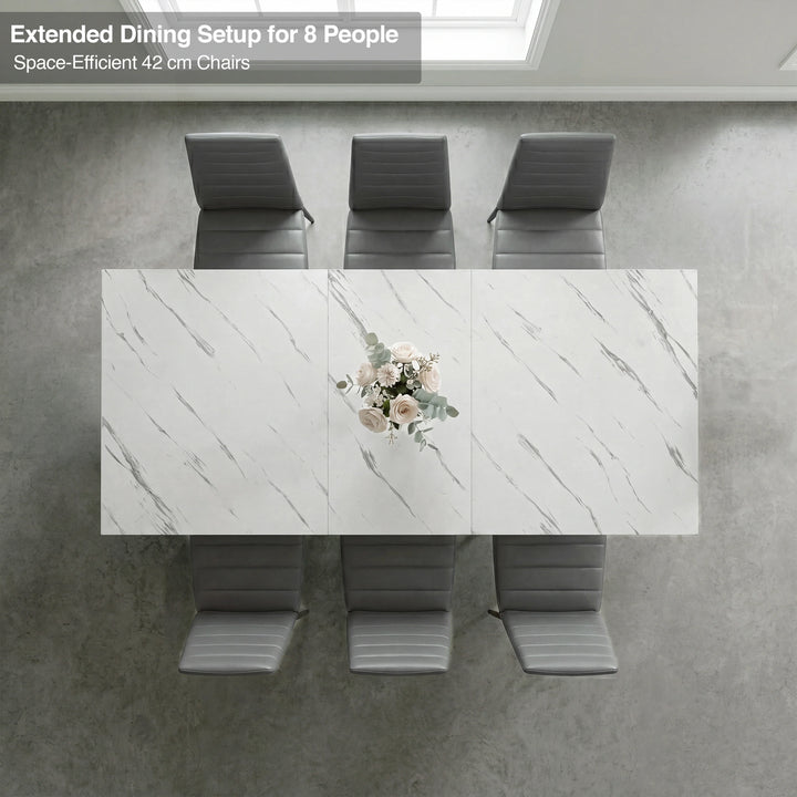 [6 Seater | Grey] Milo extendable dining table extended for 8-place setup, overhead view with high-back chairs