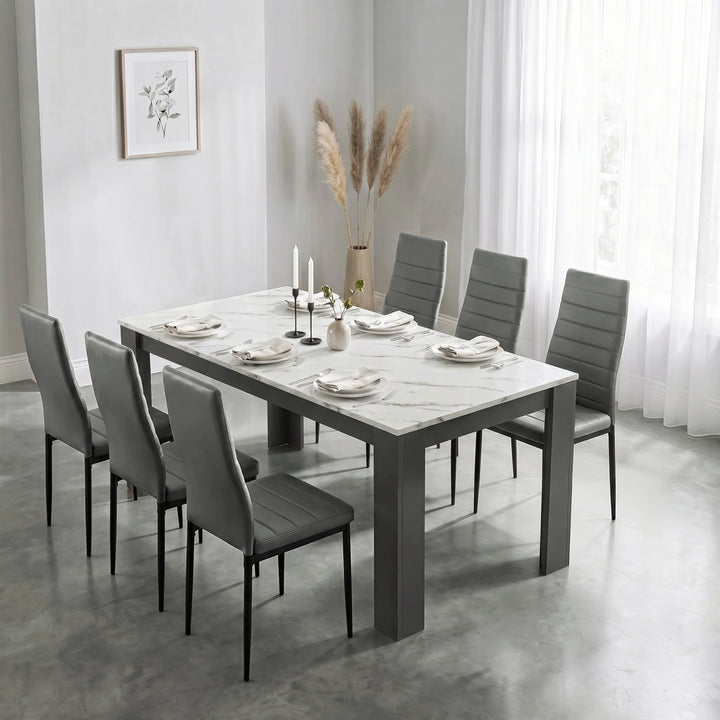 [6 Seater | Grey] Milo white marble-effect dining table set at regular 170cm size with 6 high-back chairs