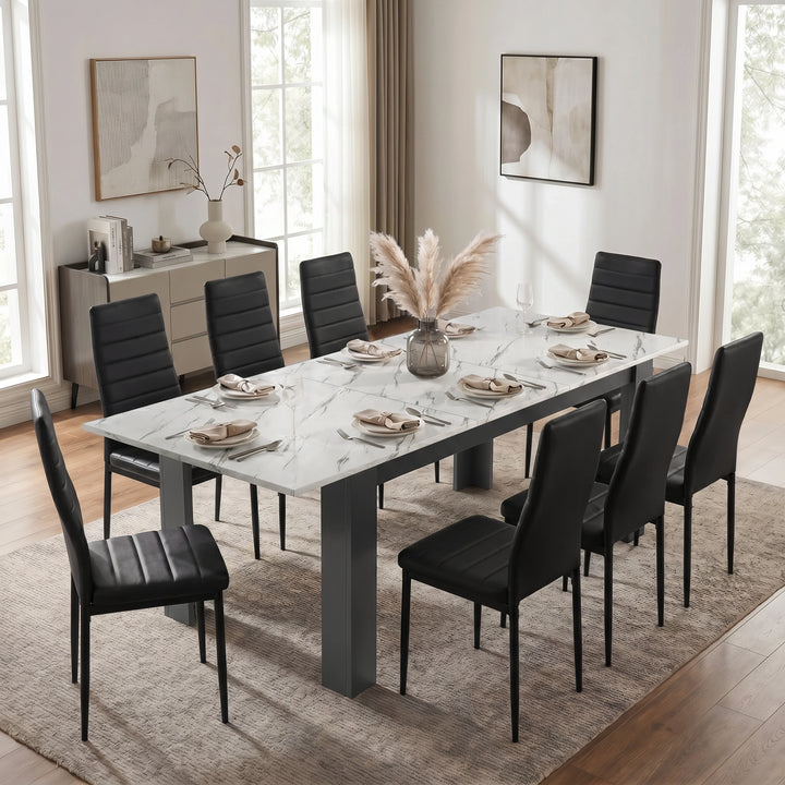 [8 Seater | Black] Milo white marble-effect dining table set extended to 220cm with 8 high-back chairs