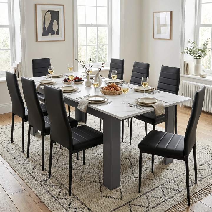[8 Seater | Black] Milo white marble-effect dining table set with 8 high-back chairs in a styled room view
