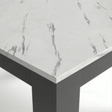 [8 Seater | Black] Close-up of the Milo marble-effect tabletop corner, veining, and inverted L-shaped table leg