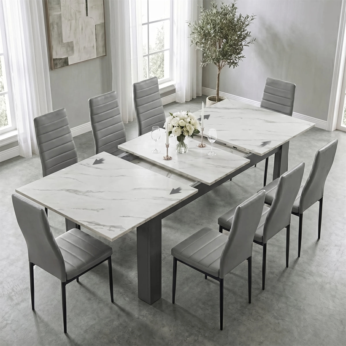 [8 Seater | Grey] Milo white marble-effect table open to show centre leaf and sliding rails