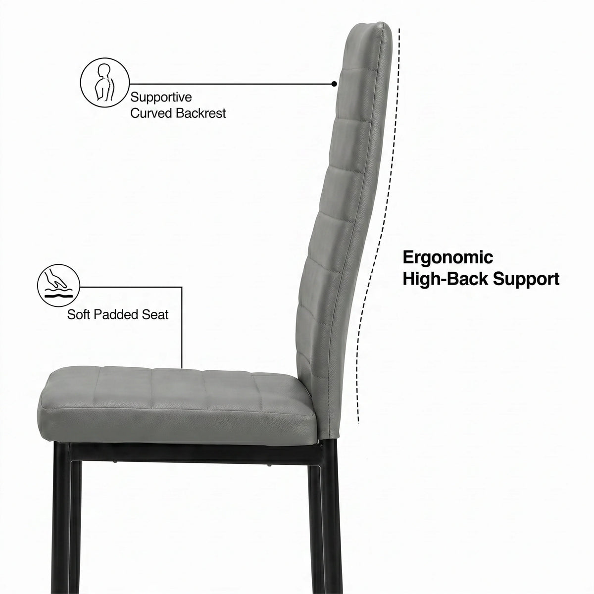 [8 Seater | Grey] Milo chair side profile showing curved high-back support, padded seat, and slim iron legs