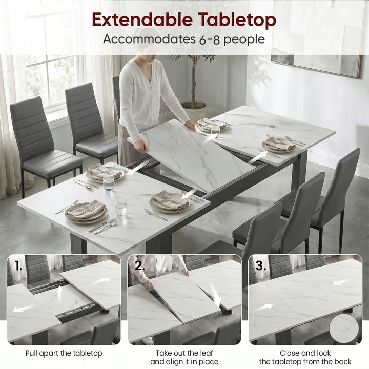 [8 Seater | Grey] Milo extension guide showing tabletop opening, centre leaf placement, and lock-close steps