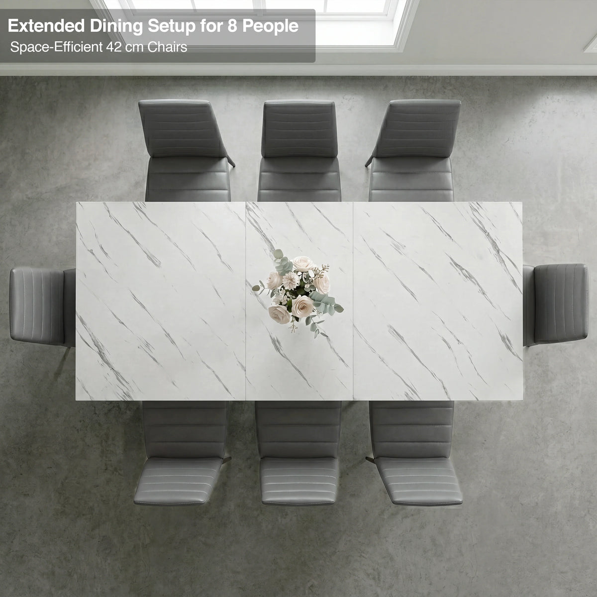 [8 Seater | Grey] Milo extendable dining table extended for 8-place setup, overhead view with high-back chairs