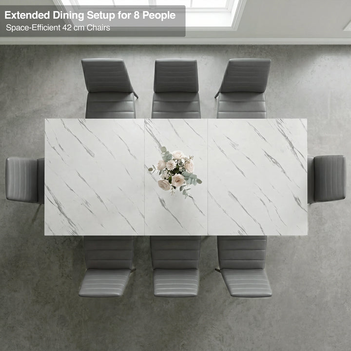 [8 Seater | Grey] Milo extendable dining table extended for 8-place setup, overhead view with high-back chairs