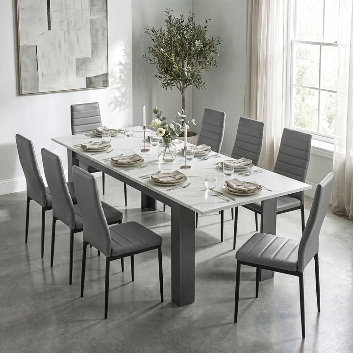 [8 Seater | Grey] Milo white marble-effect dining table set at regular 170cm size with 8 high-back chairs