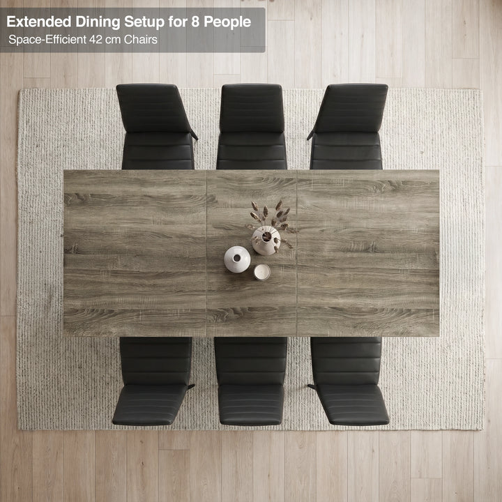 [6 Seater | Black] Overhead view of the Milo wooden grey-effect extended dining table layout with space-efficient chairs
