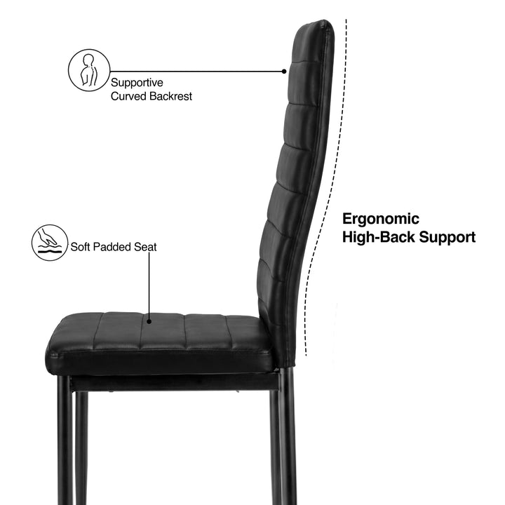 [8 Seater | Black] Milo chair side profile showing curved high back support and padded seat callouts