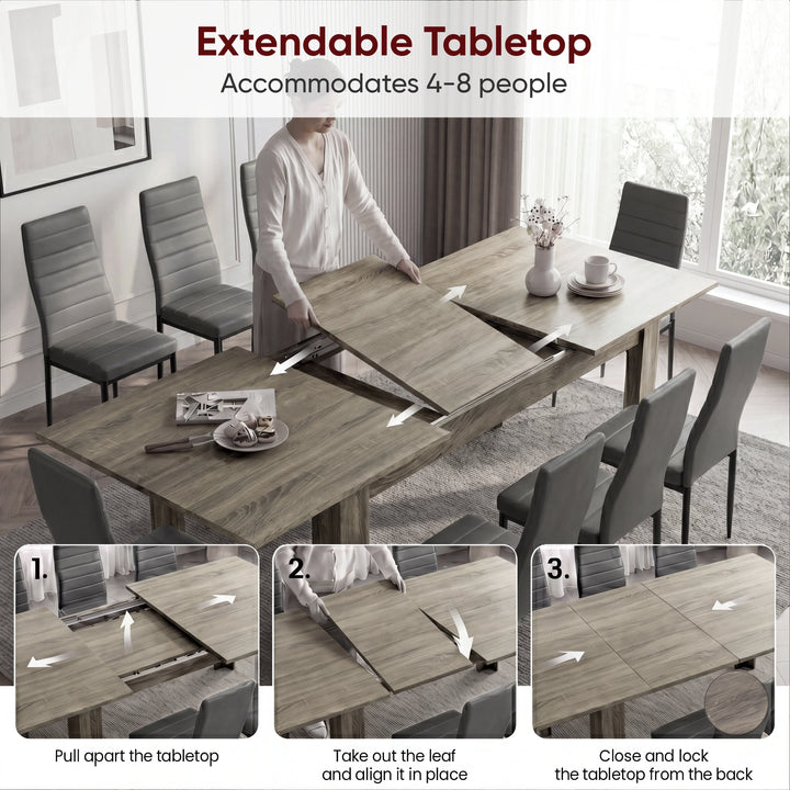 [8 Seater | Grey] Milo extension guide showing tabletop opening, centre leaf placement, and lock-close steps