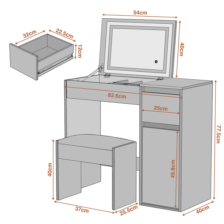 [Black] sizing schematic for black vanity 77.6cm tall 40cm deep, 32cm-wide drawer pull-out
