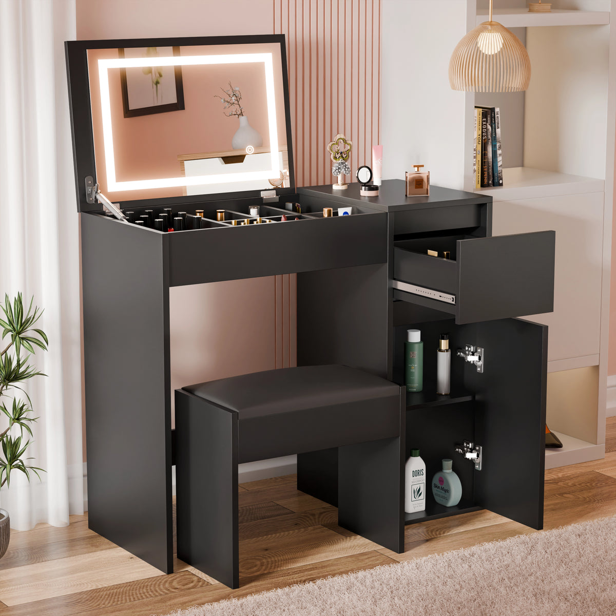 [Black] makeup vanity table with illuminated mirror in a room setting.