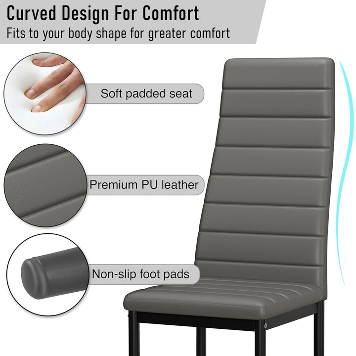 [4 Seater | Grey] Grey dining chair feature card details for 4 seater grey set: seat, PU, base