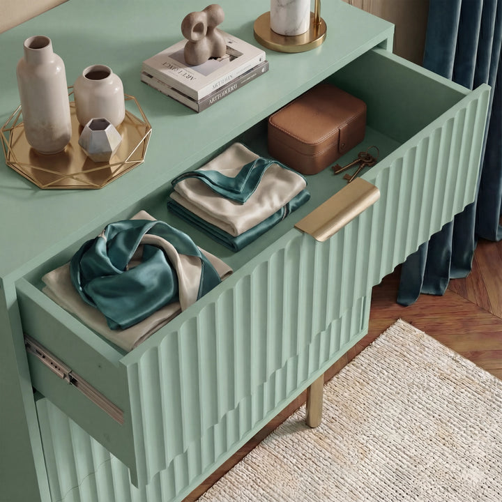 [Sage Green] flutrina design bedside table unit with an open drawer containing neatly arranged small items