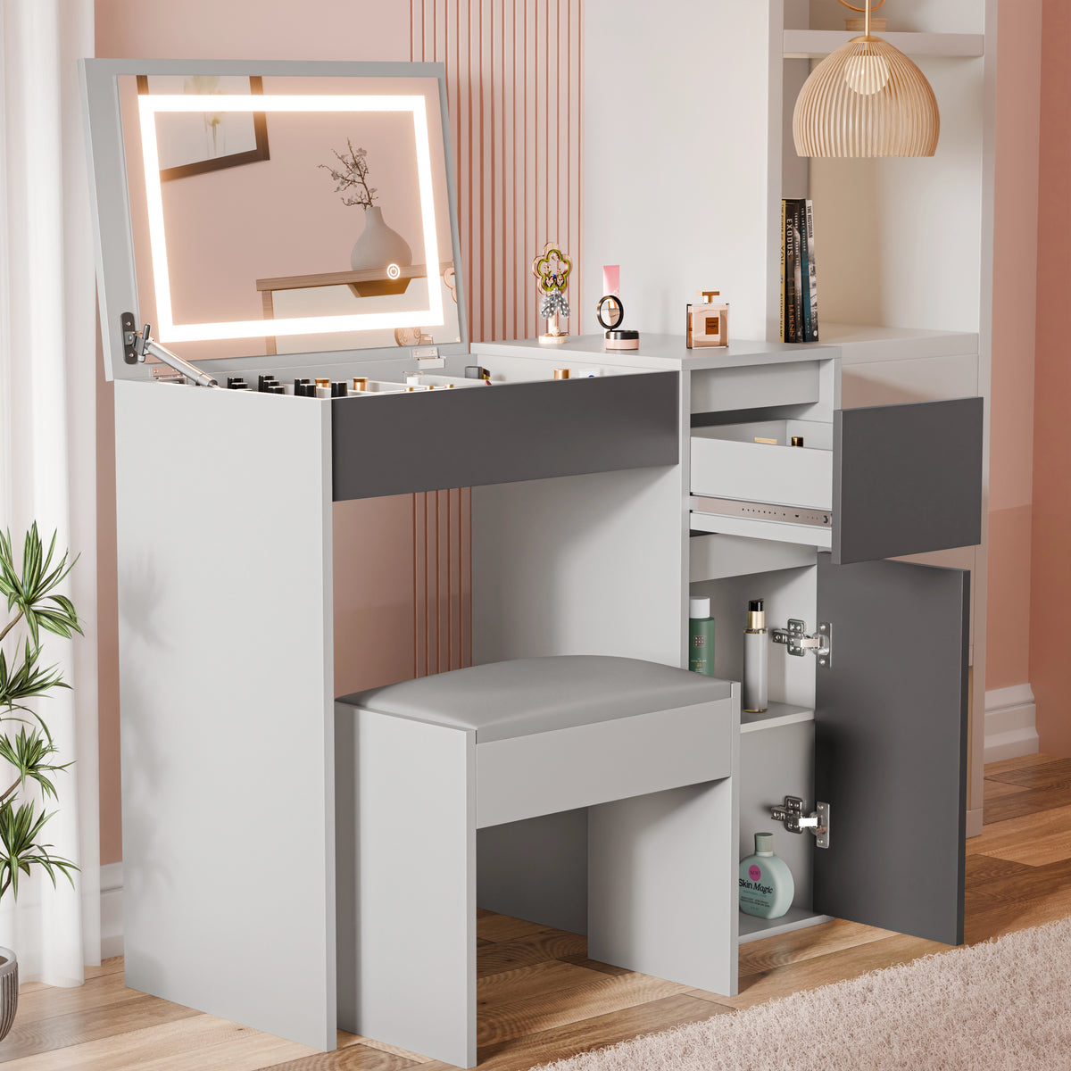 [Grey] vanity with mirror and storage drawers in a room setting.