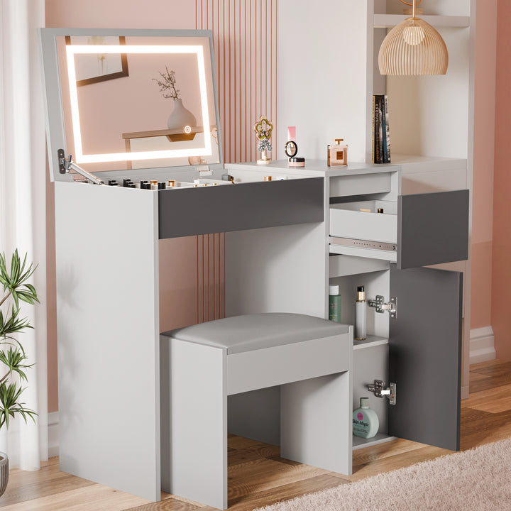 [Grey] vanity with mirror and storage drawers in a room setting.