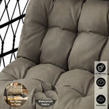 [Black] Close-up of grey tufted egg chair cushion with UV-resistant, soft, breathable and waterproof icons listed