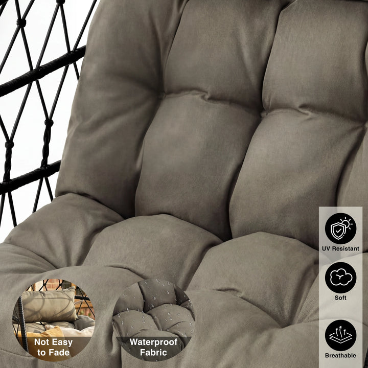 [Black] Close-up of grey tufted egg chair cushion with UV-resistant, soft, breathable and waterproof icons listed