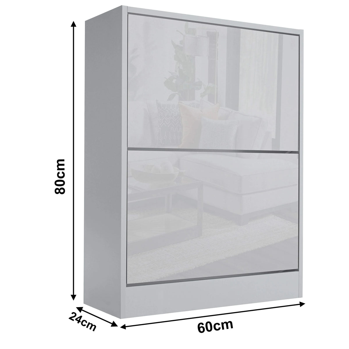 [Silver Grey] grey high gloss shoe cabinet displayed with dimensions: width 60 cm, depth 24 cm, and height 80 cm.