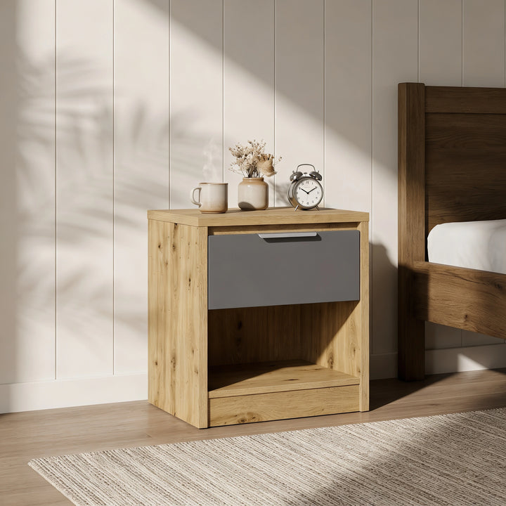 [Oak+Grey] Oak bedside table with grey drawer pulled open showing journal, glasses and accessories inside