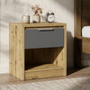 [Oak+Grey] Oak bedside table with grey drawer and open shelf styled beside upholstered bed with lamp and plant