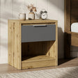[Oak+Grey] Oak bedside table with grey drawer and open shelf styled beside upholstered bed with lamp and plant
