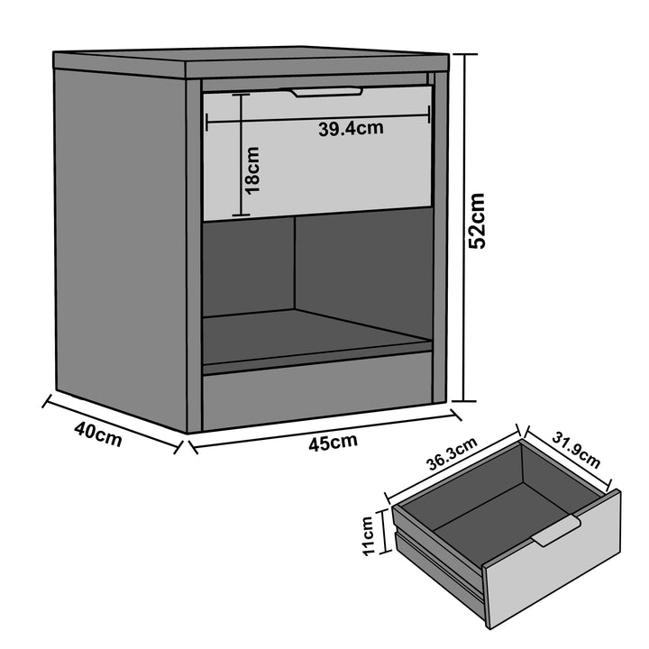 [Wooden Grey+Grey] Wooden grey oak bedside table dimensions: 45cm width, 40cm depth, 52cm height, drawer 36.3 x 31.9