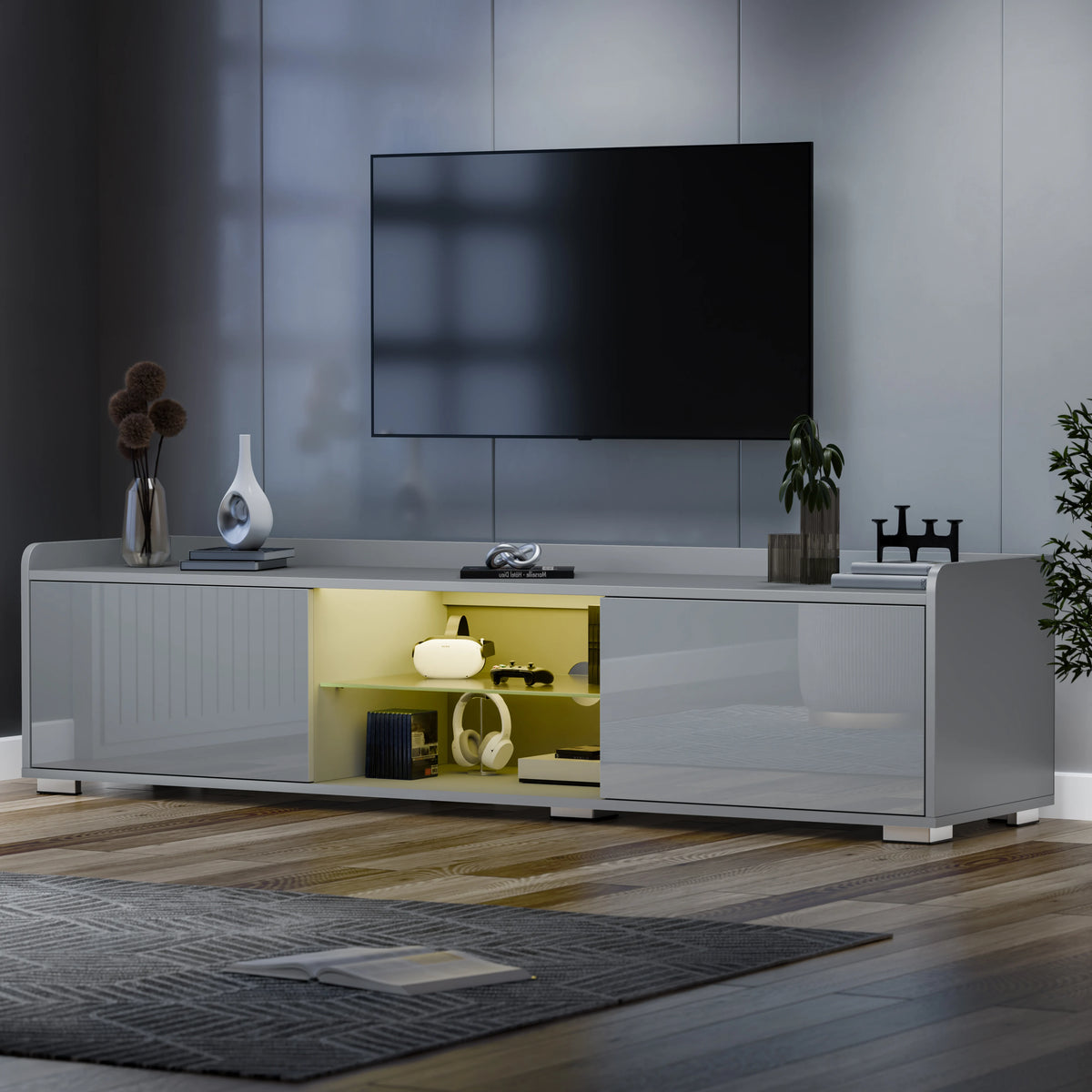 [Grey] TV stand showing yellow colour mode of RGB LED, central shelf lit gold, vases on top