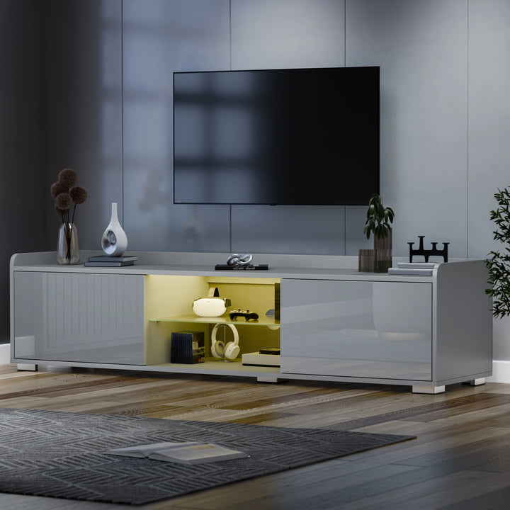 [Grey] TV stand showing yellow colour mode of RGB LED, central shelf lit gold, vases on top