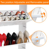 [White] Detail of white shoe cabinet adjustable divider panel that lifts to fit boots or drops to fit shorter shoes.