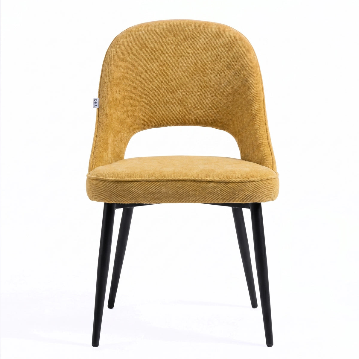 [Mustard | Set of 4] Front view of comfy fabric dining chair with rounded open back, piped seat and four black metal legs.