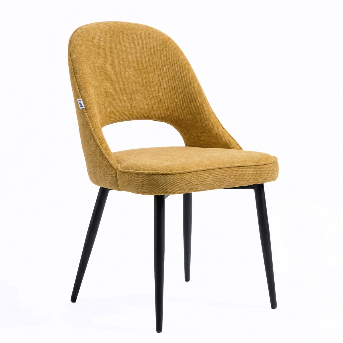 [Mustard | Set of 2] Angled view of fabric dining chair with rounded open back, piped seat & four black legs.