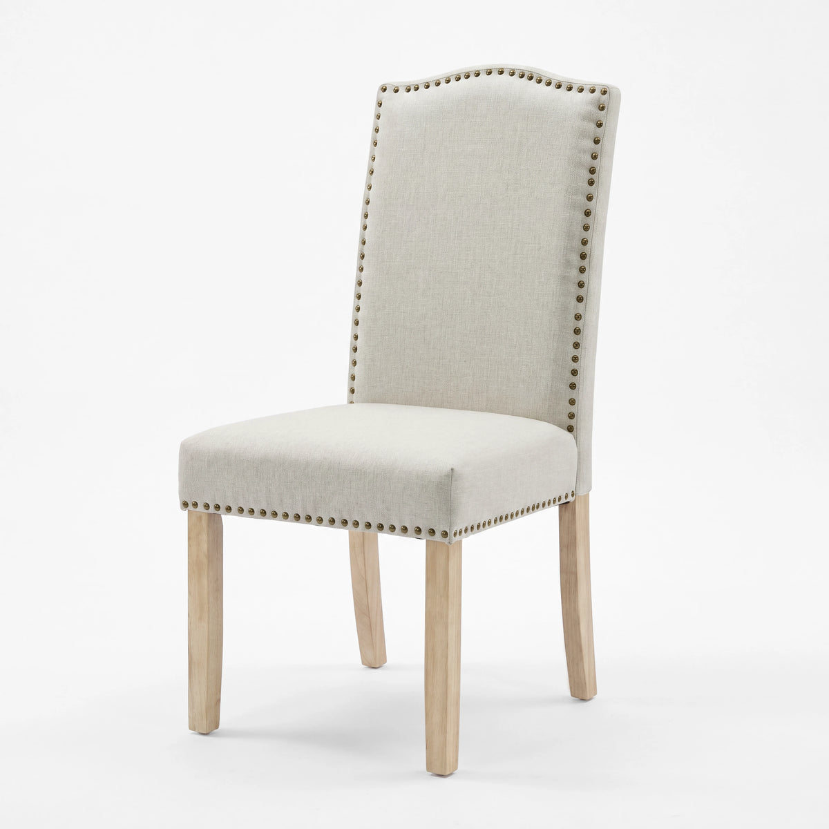 [Beige | Set of 2] Nailhead dining chair in fabric, high padded back, bronze trim and light wooden legs