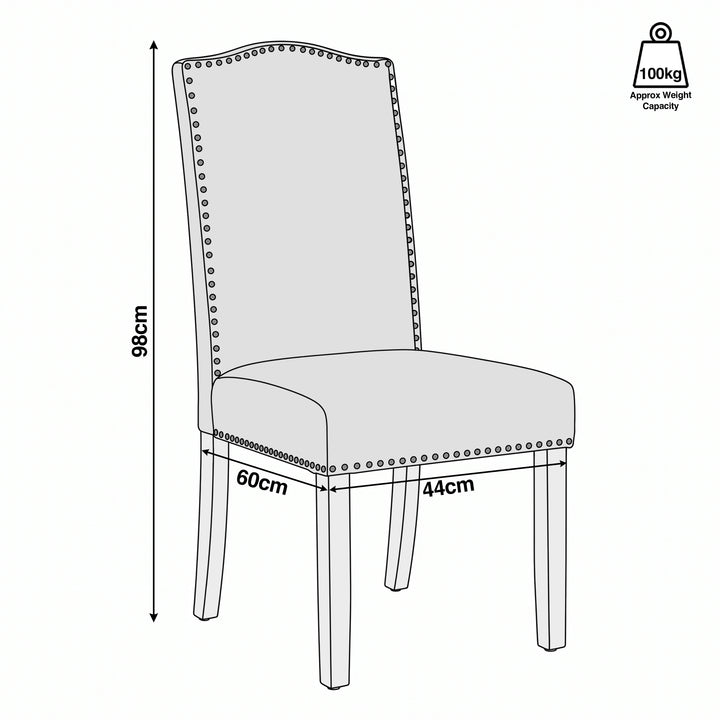 [Beige | Set of 2] Nailhead dining chair size guide: 44W x 60D x 98H cm, 100kg capacity shown