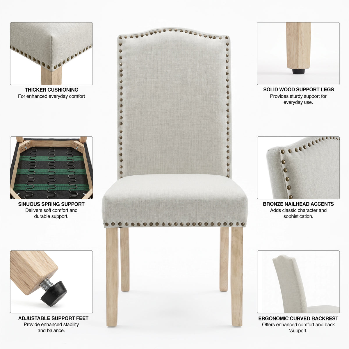 [Beige | Set of 2] Nailhead chairs graphic with cushioning, wood legs, spring, footpad, curved high-back and bronze trim