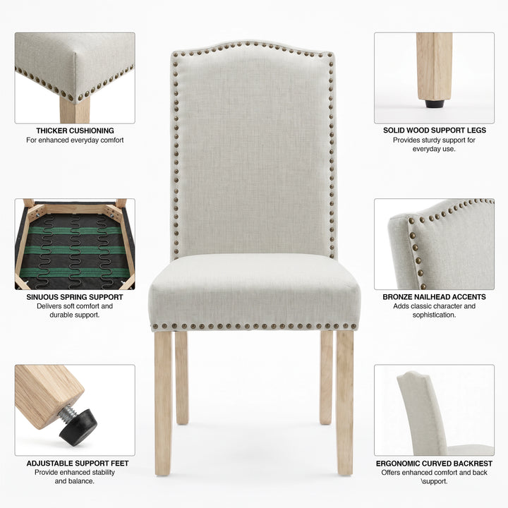 [Beige | Set of 4] Nailhead chairs graphic with cushioning, wood legs, spring, footpad, curved high-back and bronze trim