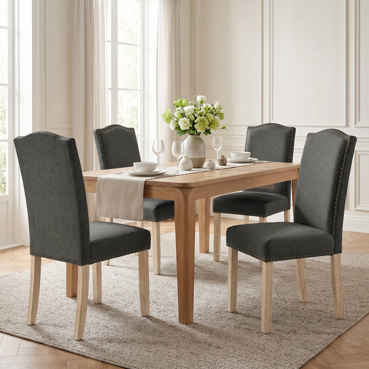 [Dark Grey | Set of 4] Nailhead dining chair in fabric, high padded back, bronze trim and light wooden legs