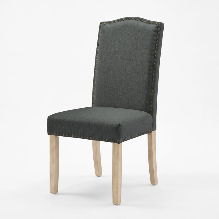[Dark Grey | Set of 4] Nailhead dining chair in fabric, high padded back, bronze trim and light wooden legs