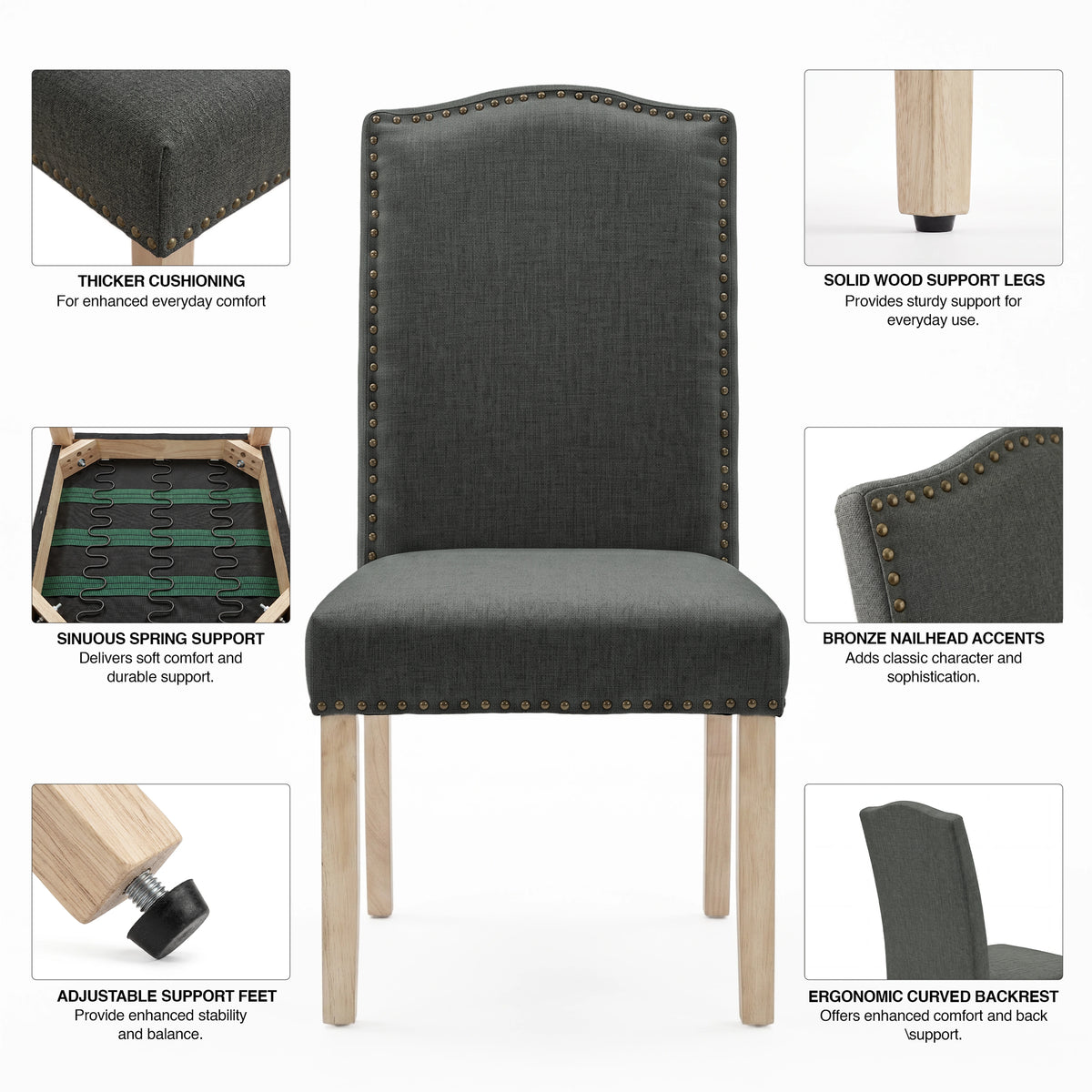 [Dark Grey | Set of 4] Feature graphic highlighting cushioning, spring support, legs, and nailhead trim.